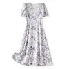 2023 Zomer PurpleFloral Print Panel Lace Jurk Korte Mouw V-Neck Midi Casual Dresses W3L043610