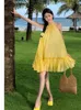 Casual Dresses Yellow Off Shoulder Bandage Halter Party Dress For Women 2023 Summer Sleeveless Pleated Ruffles Short Female Loose