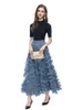 Women's Runway Designer Two Piece Dress O Neck Flexible Black Blouse with Ruffles Appliques Long Skirt Fashion Twinset