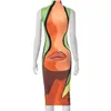 Vestidos informales Ropa de verano ropa de calle Mujer Midi Fashion Beach Sundress Sexy sin mangas labios con estampado Long Slim