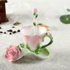 Mokken creatieve mode 3d roze vorm bloem email Keramische koffiethee beker en schotelle lepel set porselein water Valentijnsdag cadeau 230815