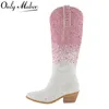 Stövlar Onlymaker Kvinnor pekade tå Knee High Western Cowgirl Glitter Bling Shiny Block Heel Lady 230815