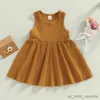 Mädchenkleider Baby Sommerkleidung Baby Kinder Mädchen Kleid ärmellose Crew Hals Solid Sommer A-Line Kleid Mädchen Baumwollkleider R230815