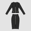 Skirts Elegant Women Two Piece Set Black Long Sleeve Button Crop Top High Waist Knitted Bandage Matching Outfits Party Clubwear