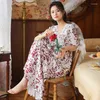 Women's Sleepwear Floral Print Pajamas Dress Contton Mesh Lace Long Peignoir Princess Romantic Nightgowns Vintage Female Nightie