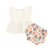 Kleidungssets 2 Stücke Kleinkind Baby Mädchen Mode Kleidung Set Off Schulter Loch Spitze Solide Top Hemd Blumen Bedruckte Shorts 0-4 Jahre