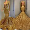 Vestidos de festa 2023 Sexy Deep V Neck Gold Mermaid baile de manga comprida traseira aberta lantejoulas de lantejoulas de lantejoulas de lantejoulas brilhantes de lantejoulas brilhantes