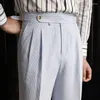 Мужские костюмы брюки Summer Thin Business Casual Bants Classic Solid Elastic Commory Slim Straight Brand Wear C86