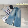 Dżinsy damskie Vintage Wash Placked przez eleganckie niebieskie swobodne femme wideleg ladies komfort mody dżinsowy pant 230814