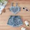 Kleidungs-Sets, 2-teilig, für Babys, Mädchen, schöne Kleidung, Denim, ärmellos, herzförmige Leibchen, Weste, elastisch, zerrissene Shorts, Sommerkleidung