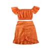 衣類セットベビーサマー服の子供の女の子の女の子ショルダークロップTシャツトップスドレス不規則なスカートソリッドオレンジ服の服