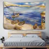 Wandteppiche malen Mondhafen Fischerboot Wandteppich Wanddekoration Stoff Wandteppich Wandhänge Stranddecke Kunstmalerei Tapestry R230815