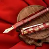 Fountain Penns Hongdian N8 Harts Fountain Pen Red Acrylic Maple Leaf Carving Cap EF/F NIBS TRIM STOME Office Writing Presents Pens med omvandlare 230814