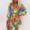 Basic Casual Dresses Women Paisley Print Ruffle Hem Shirred Waist Casual Dress Office Lady Outfits Short Robe 230815