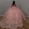 Розовые блестящие хрустальные аппликации 3dflower Quinceanera платья с шариковыми платья без рукавов бусинки корсет для сладких 15 девушек