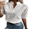 Men's Sweaters Chic Solid Hollow-out V Neck Lace Blouse Floral Patterns Embroidery Decoration Casual Women Shirt Puff Sleeved Half Cotton