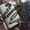 Pendant Necklaces YIJIA Catholic Chaplet Hand Made Christian Prayer Necklace Tiger Eye Stone Beads Cross Jewelry