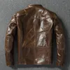 Herenjacks staan ​​Kraagtoplaag Cowhide Motorfietsjack Vintage Oil Waxed Calfskin Flight Suit Bruine Multipocket Zipper 230814