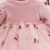 Girl's Dresses Infant Baby Girl Princess Clothes Cherry Embroidery Long Sleeve Layered Tulle Party Dresses Newborn for Baby Spring Dress Outfit R230815