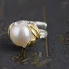 Pierścienie klastra fnj 925 Pierścień srebrnego liścia oryginalny pure s925 szterling dla kobiet biżuteria Regulowana wielkość naturalna peal słodkowodna