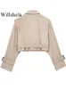 Trench da donna Willshela Women Fashion With Belt Cropped Giacca a coglione Vintage Natolata Mlaia lunga Mlaia Chic Chic Coat Outfits 230814