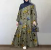 Ethnic Clothing Muslim Cotton And Linen Printed Round Neck Button Bubble Long Sleeved Fashionable Loose Casual Dress