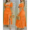 Vrouwen Elegante Jurk Set Off Schouder Crop Top Franje Zoom Shirred Slit Sirt Set Casual Zomer Set hot e9iE #