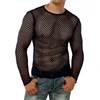 Men's T Shirts Men Fishnet Fitted Long Sleeve Muscle T-Shirt Hollow-Out Round Neck See-Through Summer Tight Tops