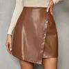 Kjolar liooil brun faux läderknapp bodycon mini kjol office lady streetwear asymmetrisk hög midja sexig kort a-line