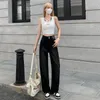 Pantalones de jeans para mujeres Black Blue High Street Autumn and Winter Winist Double Buckle Leathing Pan pantalón de cuero ancho