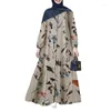 Ethnic Clothing Muslim Cotton And Linen Printed Round Neck Button Bubble Long Sleeved Fashionable Loose Casual Dress