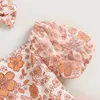 Jurken voor meisjes Rompertjes voor babymeisjes Bloemenprint Boothals Korte jumpsuits met pofmouwen Tule rok Zoom bodysuits met strik Hoofdband