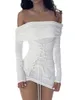 Casual Dresses White Off Shoulder Mini Bodycon Dress for Women Fairy Long Sleeve Slash Neck Cross Tie-up Short Streetwear