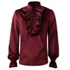 Men's Dress Shirts Vintage Velvet Ruffle Medieval Victorian Blouse Long Sleeve Wine Red Lace Trim Steampunk Vampire Halloween Costume