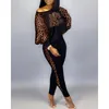 Women's Two Piece Pants Elegant Set 2023 Autumn Bubble Sleeve Casual Fashion Leopard Pattern Loose Top Tights S-XXX