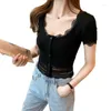 Damen T-Shirts Female Spitzen-T-Shirt Kurzarm rund Kragen Baumwolle hoch taillierte Single-Basted