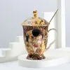 Mokken Bone China koffiemok met deksel en lepel antient Klimt schilderen Porseleinen theekopjes bruiloft Verjaardag cadeau 230815