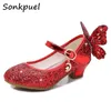 Turnschuhe Prinzessin Schmetterling Leder Schuhe Kinder Diamond Bowknot High Heel Kinder Mädchen Danz Glitter Mode Girls Party Schuh 230814