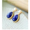 أقراط متدلية S925 Sterling Silver Gold مع Lazuli و Lazuli ولؤلؤة المياه العذبة مزاجية بسيطة