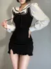 Повседневные платья Qweek Школа ученик Kawaii Black Mini Dress Женский корейский стиль хараджуку Kpop Короткий костюм с двумя частями 2023