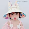 Caps Hats Summer Cute Cartoon Rabbit Hat Girl Outdoor Sun Hat Big Brim with Wind Rope Children's Hat 5-12 Years Old Z230815