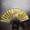 Dekoratif figürinler 8 inç sarı dip ipek kumaş fan tutamağı katlanır doğal alan Çinli erkekler büyük bambu parti el hayranları