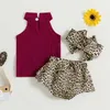 Conjuntos de roupas 3 pçs bebê recém-nascido meninas verão outfit leopardo impressão coração malha tanque top arco babados shorts bandana 0-18m