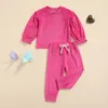 Kleidungssets Cooles kleines Baby-Set für Mädchen, einfarbig, Rundhalsausschnitt, elastische Langarmmanschette, elastische Taille, Kordelzug, Hosen, Kinderkleidung