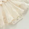 Robes de fille Nouveau-né bébé filles barboteuse robe à manches longues col ras du cou fleur nœud tulle patchwork combinaison vêtements d'automne pour fille