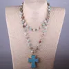 Pendant Necklaces MOODPC Fashion Bohemian Tribal Artisan Jewelry Rosary Chain Amazonite Stones Cross Necklace