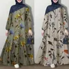 Ethnic Clothing Muslim Cotton And Linen Printed Round Neck Button Bubble Long Sleeved Fashionable Loose Casual Dress