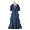 プラスサイズのドレス良質のマーメイドドレス女性2023春夏vネック半袖スプリットデニムワンピース特大のカーブ衣服