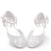 Tênis de tênis sapatos de salto alto para crianças Pearl Teen Crystal Party Princesa Criança Casamento Sandálias de couro formal calçados 230814