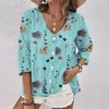 Women's Blouses Soft Women Top Flower Print V Neck T-Shirt Casual Colorfast Spring-Fall Blouse met knopen met lange mouwen ademend